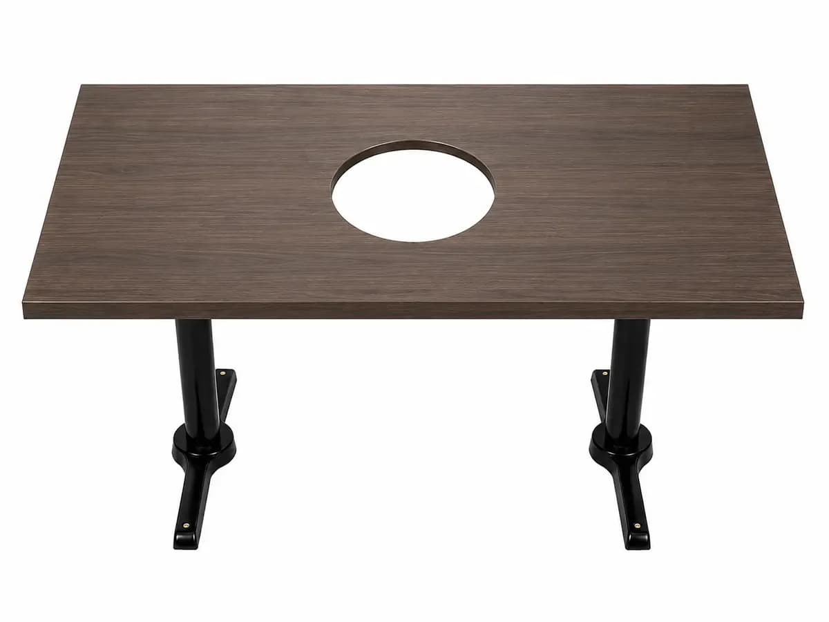 Custom dark wood grain Korean BBQ table with center grill cutout and black pedestal legs in Los Angeles