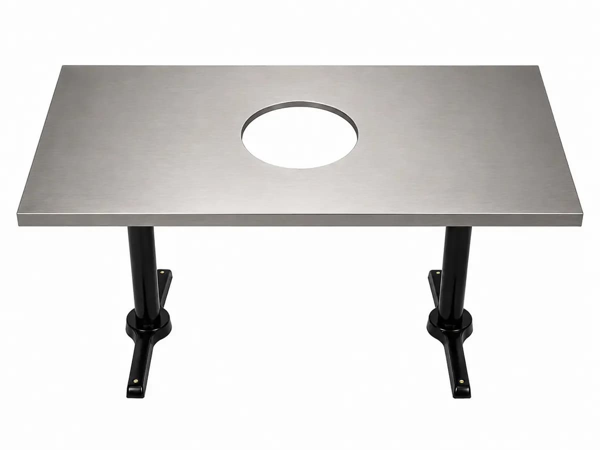 Custom brushed stainless steel Korean BBQ table with center grill cutout and black pedestal legs in Los Angeles