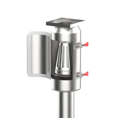 close-up detail of savorx lite exhaust hood housing with red safety latches and internal cone mechanism